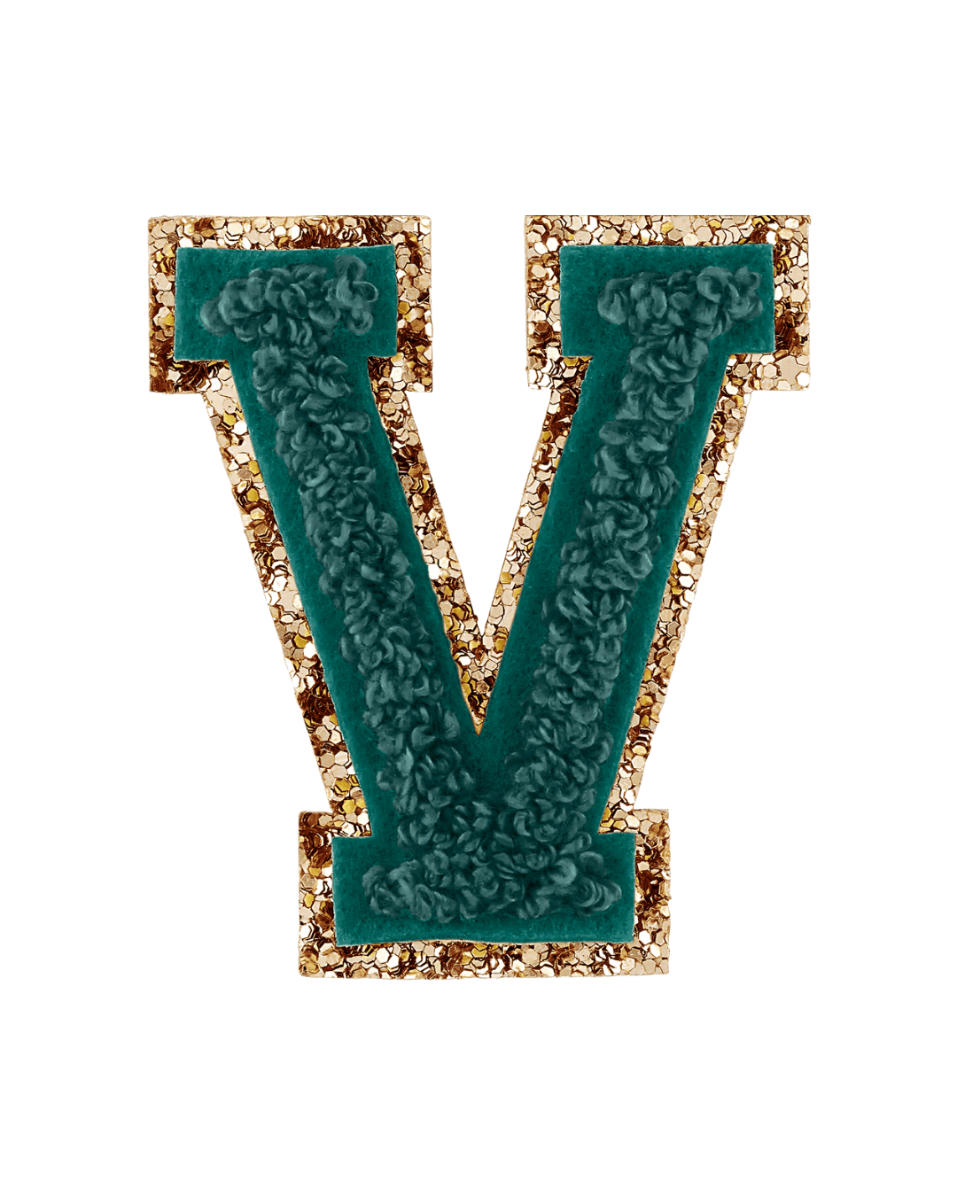Forest green varsity letter patch with gold glitter border and textured fabric center
