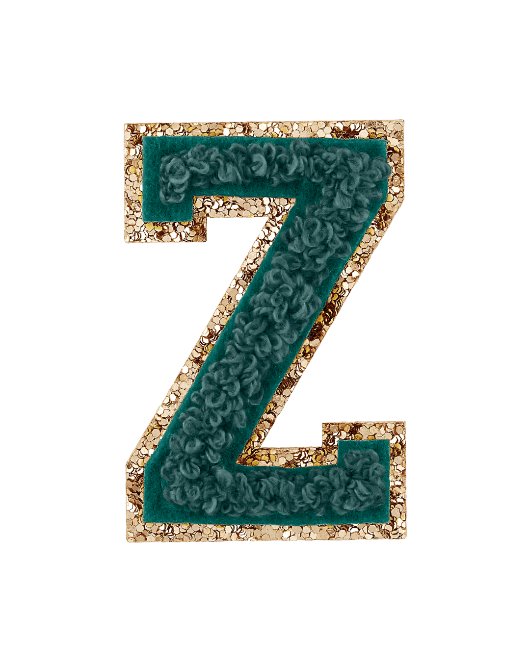 Forest green varsity letter patch with textured fabric and gold glitter border on white background.