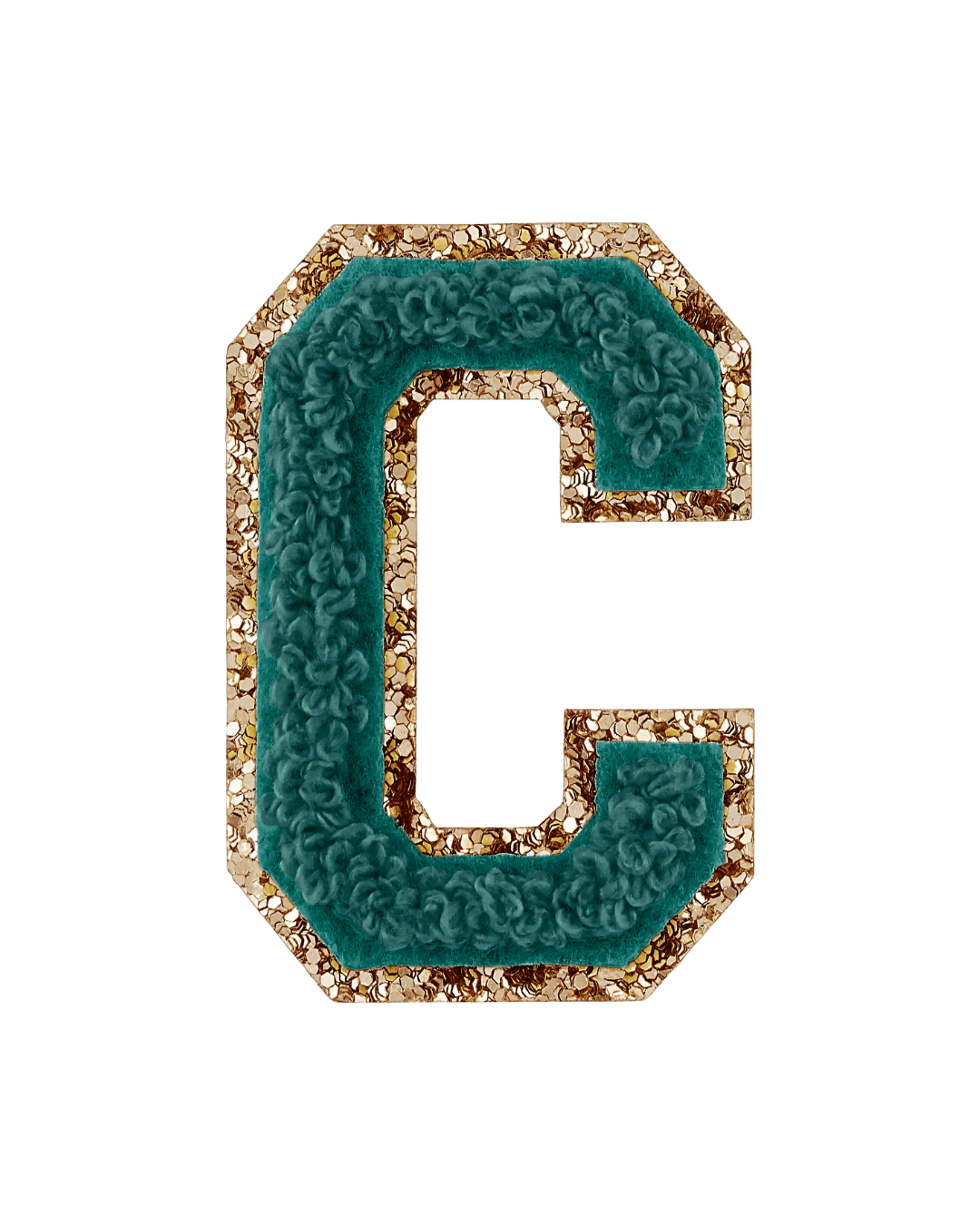 Forest green textured varsity letter patch with gold glitter border on white background.