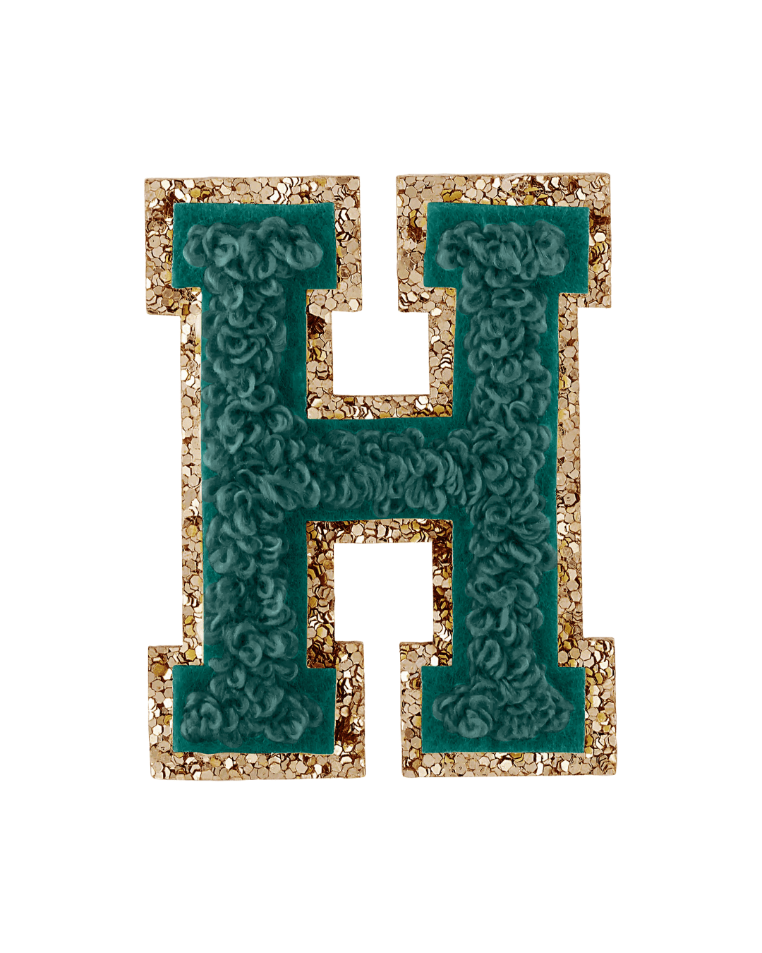 green varsity letter patch with textured fabric and gold glitter border on white background