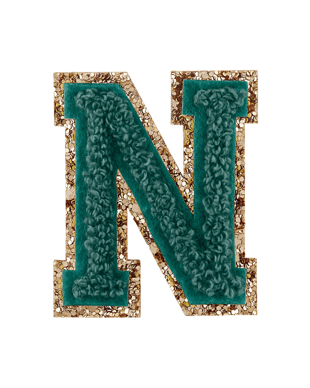 Forest green varsity letter N patch with textured fabric and gold glitter border on white