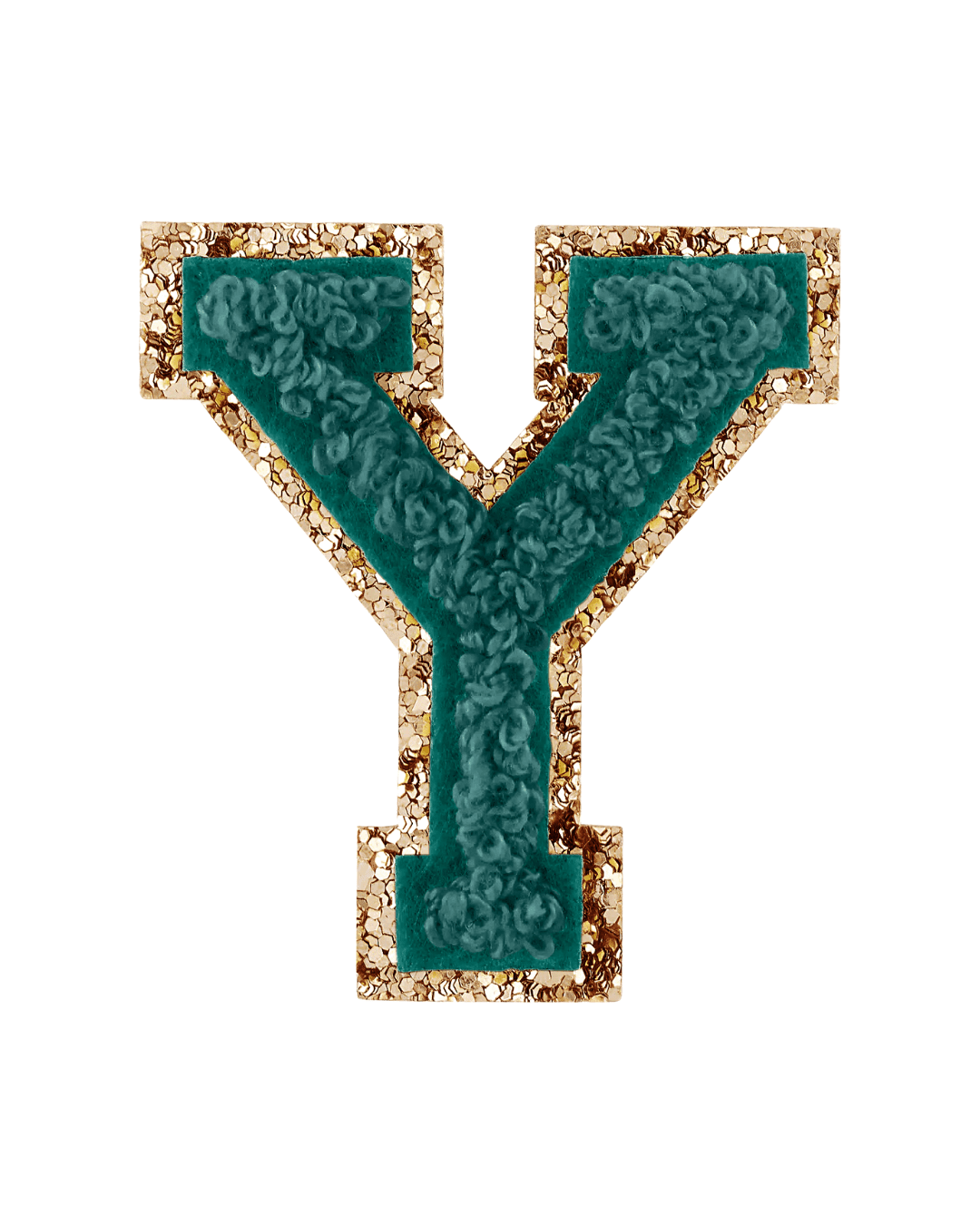 Green chenille varsity letter patch with gold glitter border on white background
