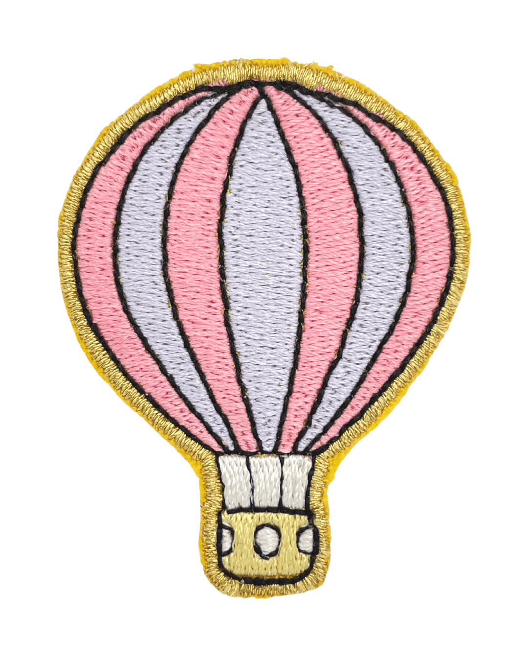 embroidered hot air balloon patch with pink and white panels and yellow border