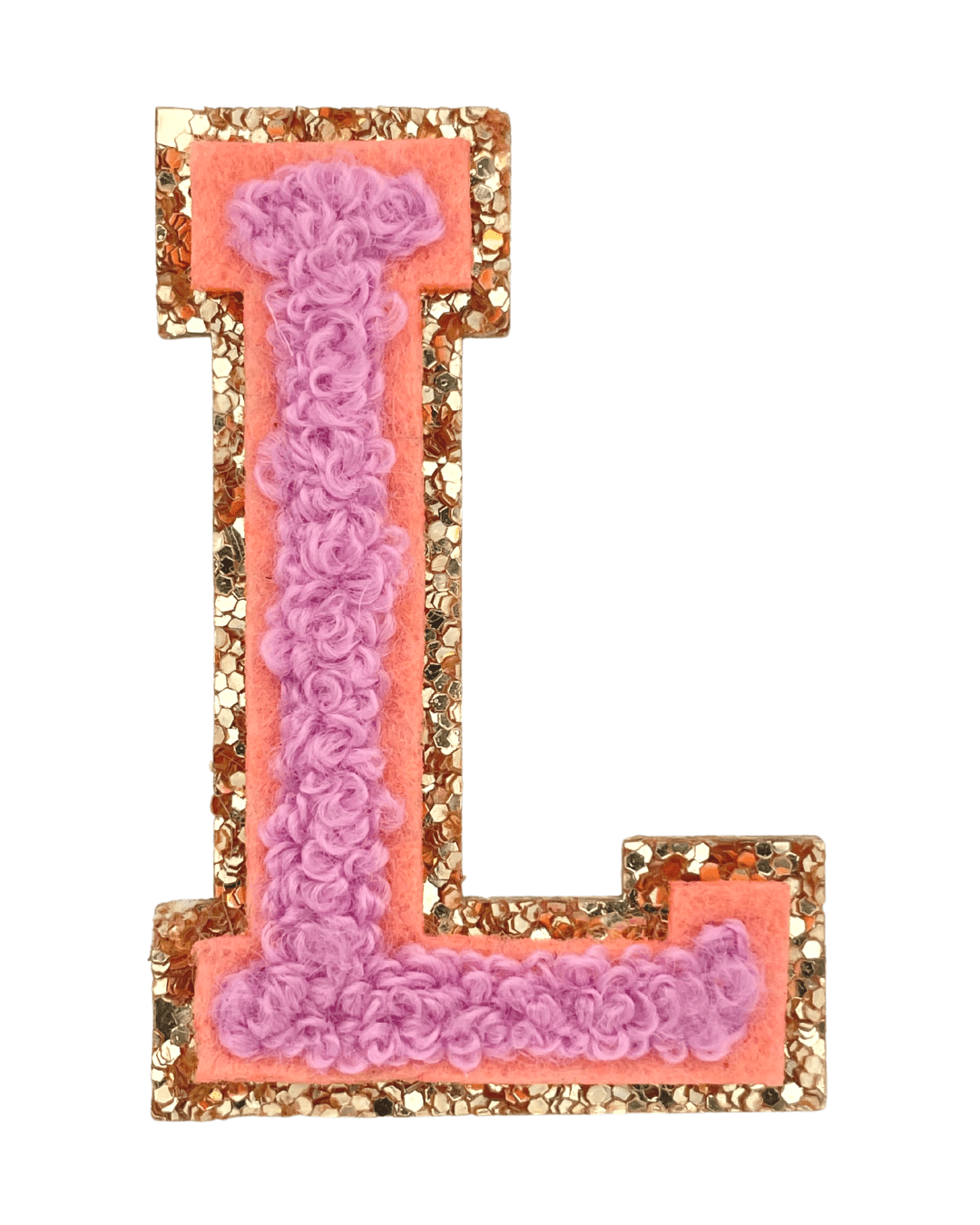 Letter L patch with pink yarn texture, coral felt background, and gold glitter border on white