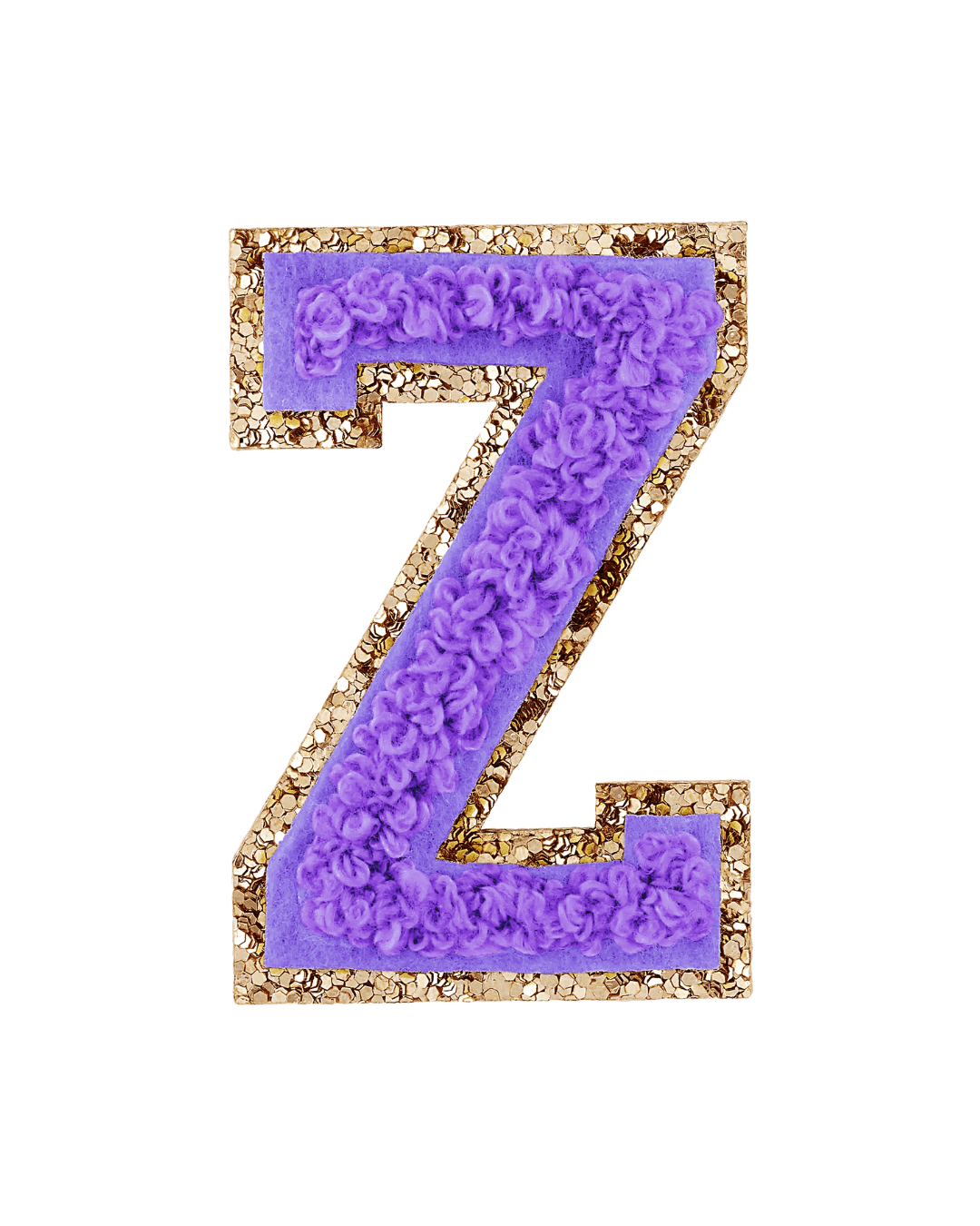 purple chenille letter Z patch with gold glitter border on white background