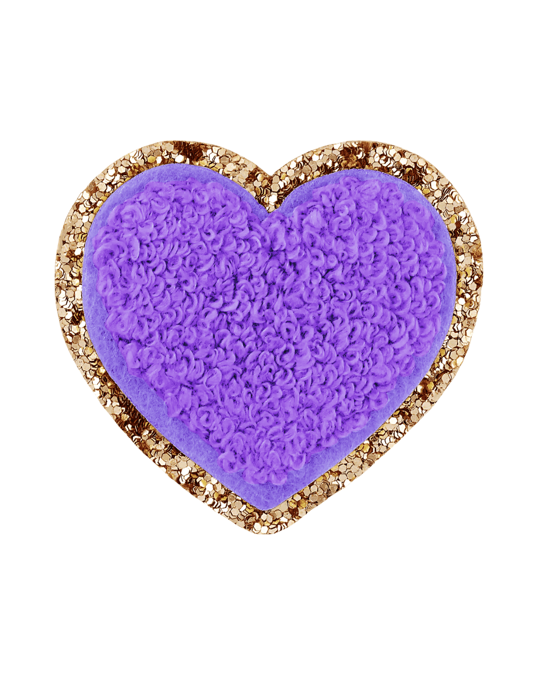 Heart-shaped patch with purple textured fabric and gold glitter border on white background