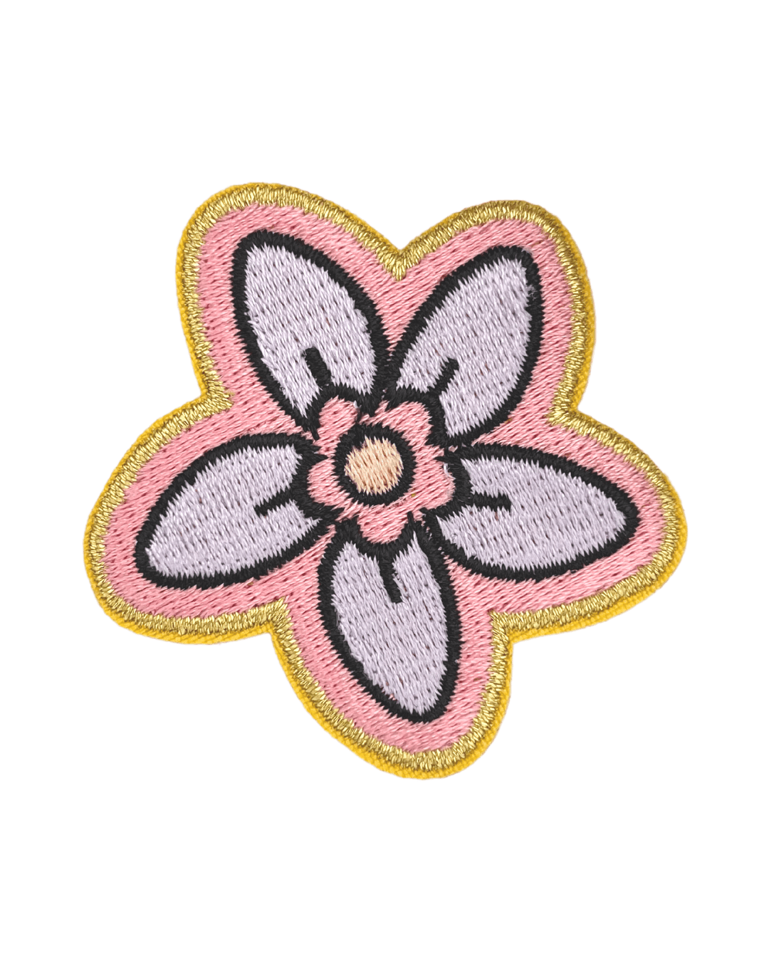 embroidered flower patch with lilac and pink petals, yellow border, white background