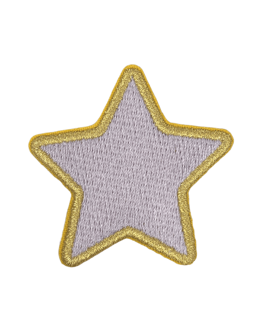 Lilac star-shaped embroidered patch with gold border on white background