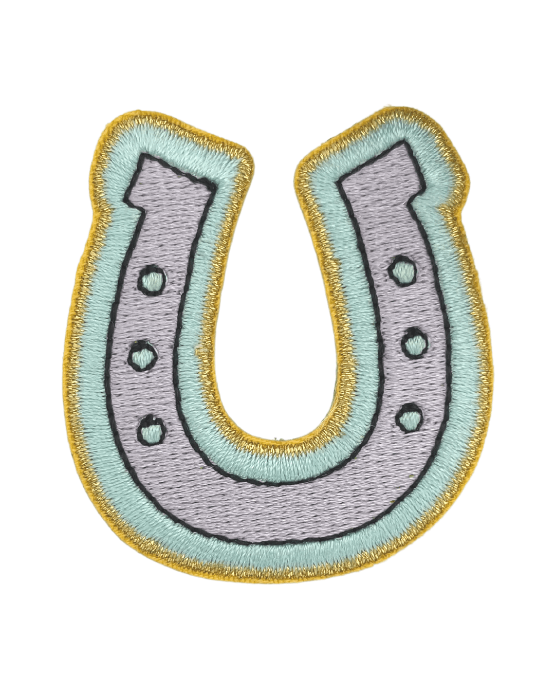 horseshoe-shaped embroidered patch in gray with light blue and yellow edging on white background