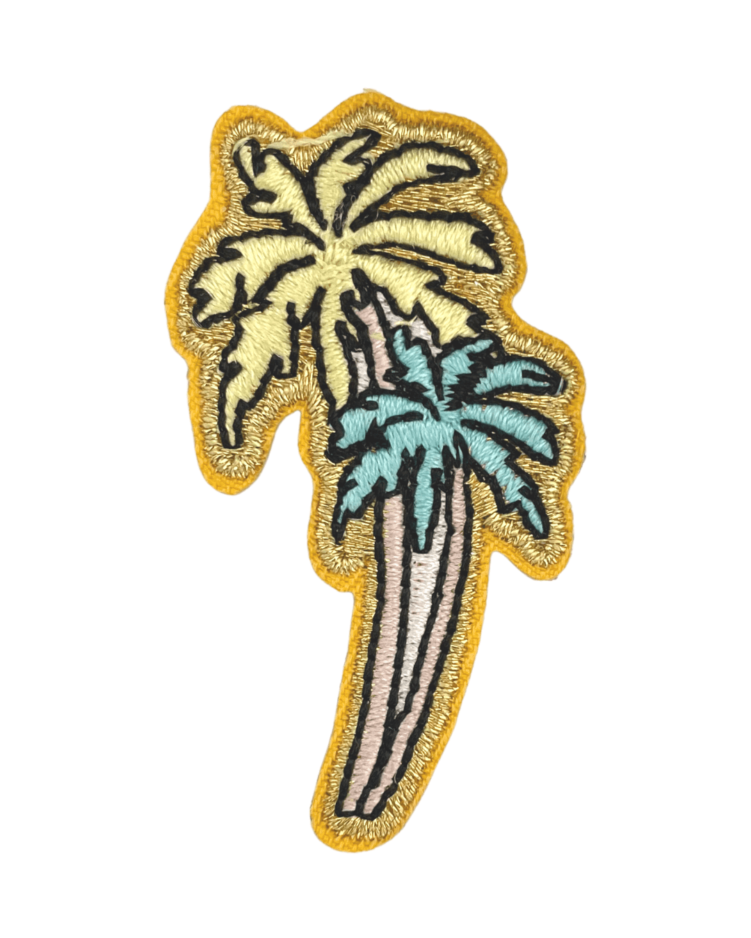 embroidered patch with two palm trees, yellow and blue leaves, gold border, white background