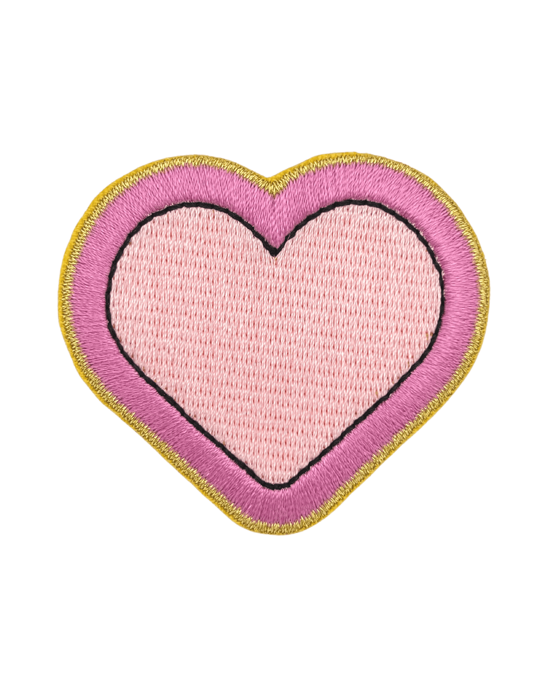 Pink embroidered heart patch with yellow border on white background
