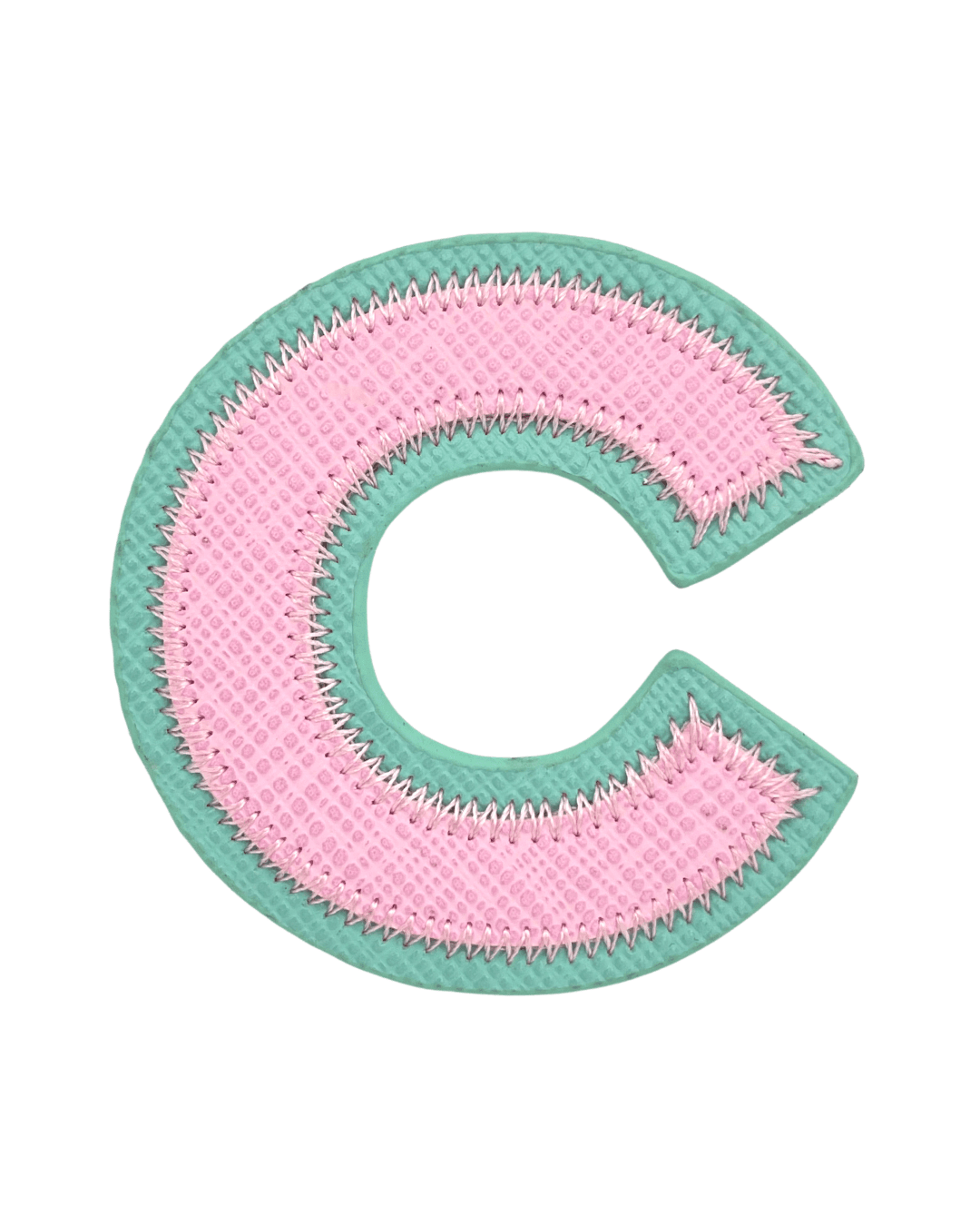 Pink and turquoise vegan leather letter C patch with textured pattern