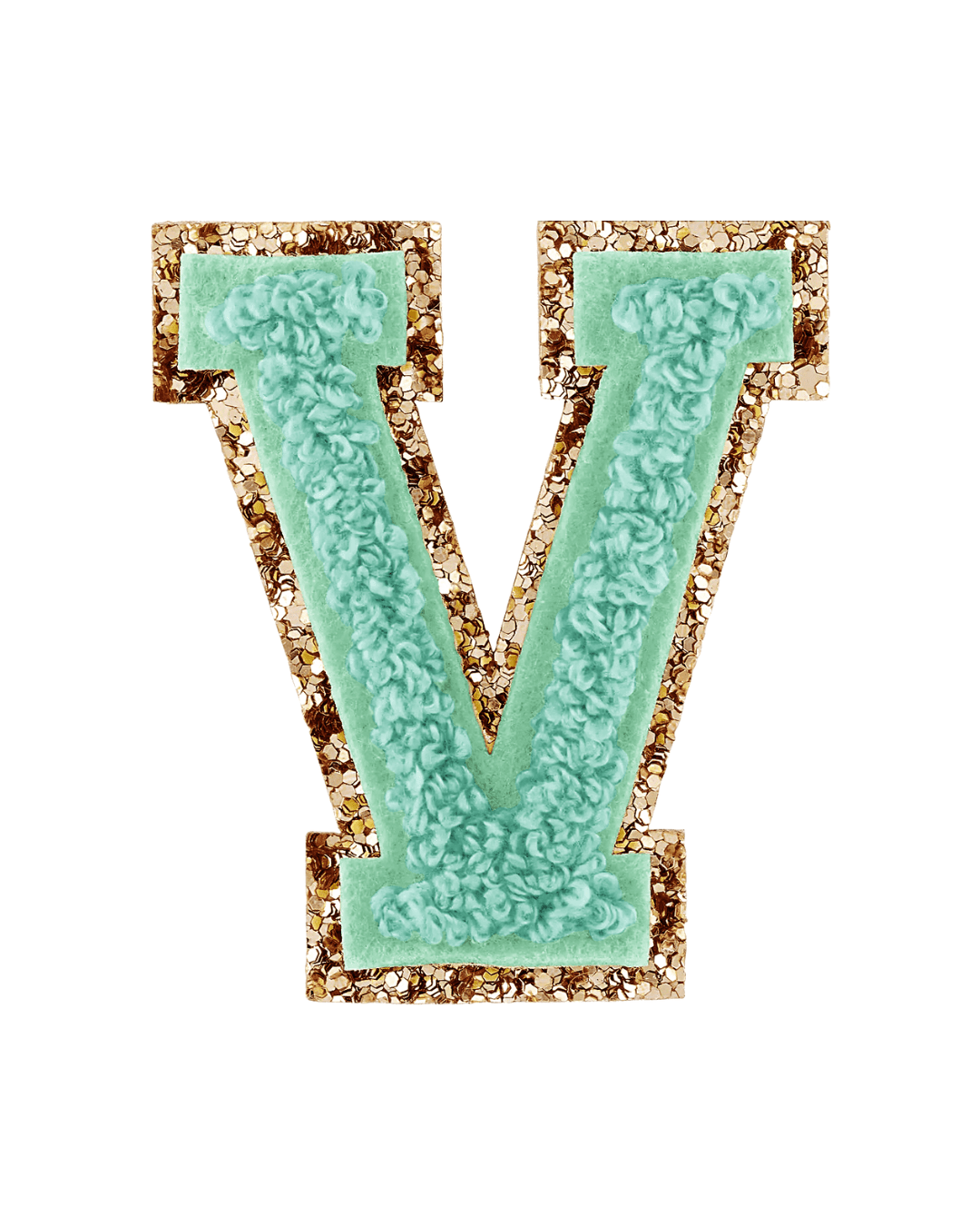 Pistachio green letter V patch with textured fabric and gold glitter border on a white background