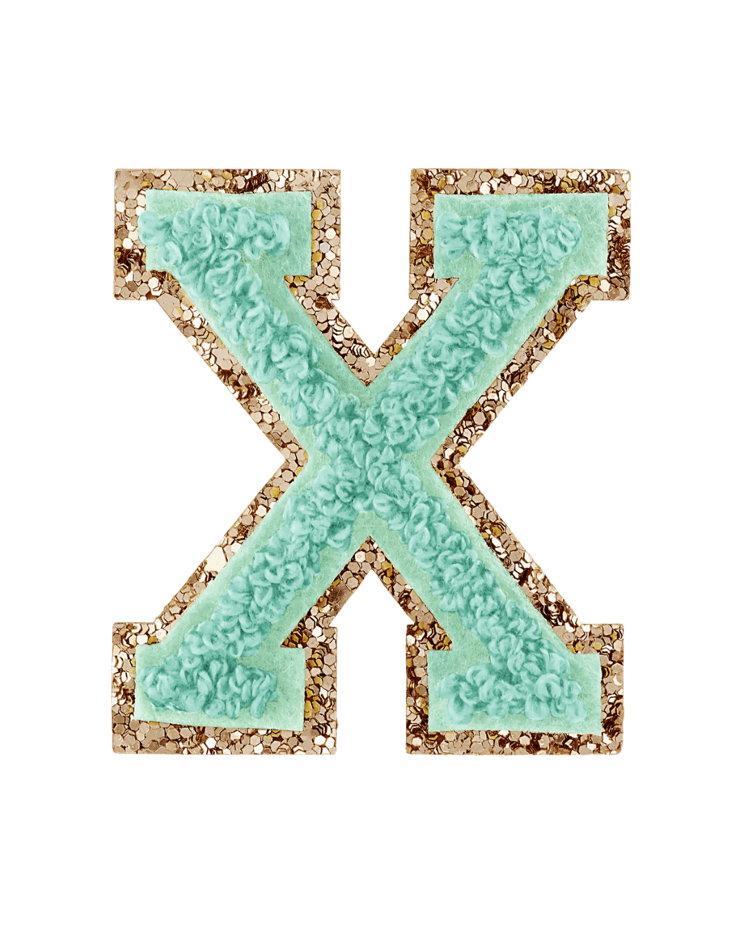 pistachio green varsity letter patch with textured fabric and gold glitter border
