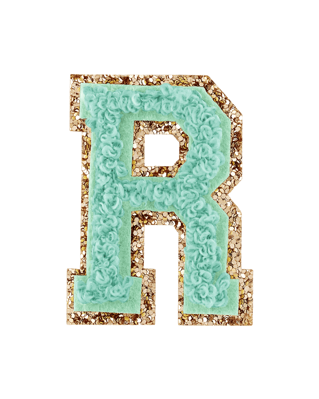 pistachio green varsity letter patch with textured fabric and gold glitter border on white background