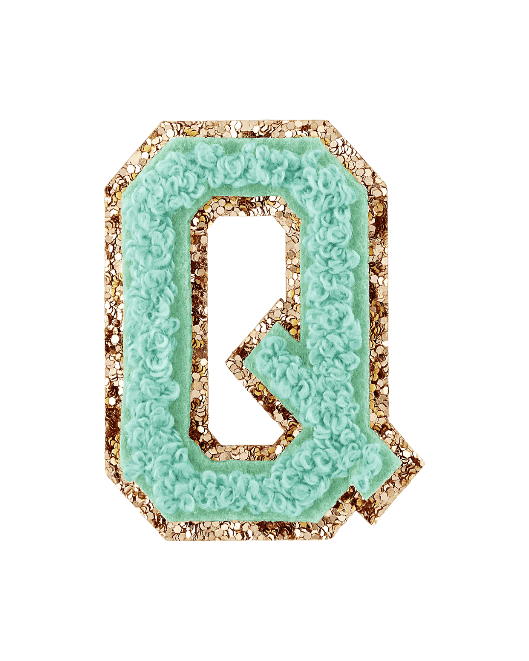 Pistachio green chenille letter patch with gold glitter border on white background