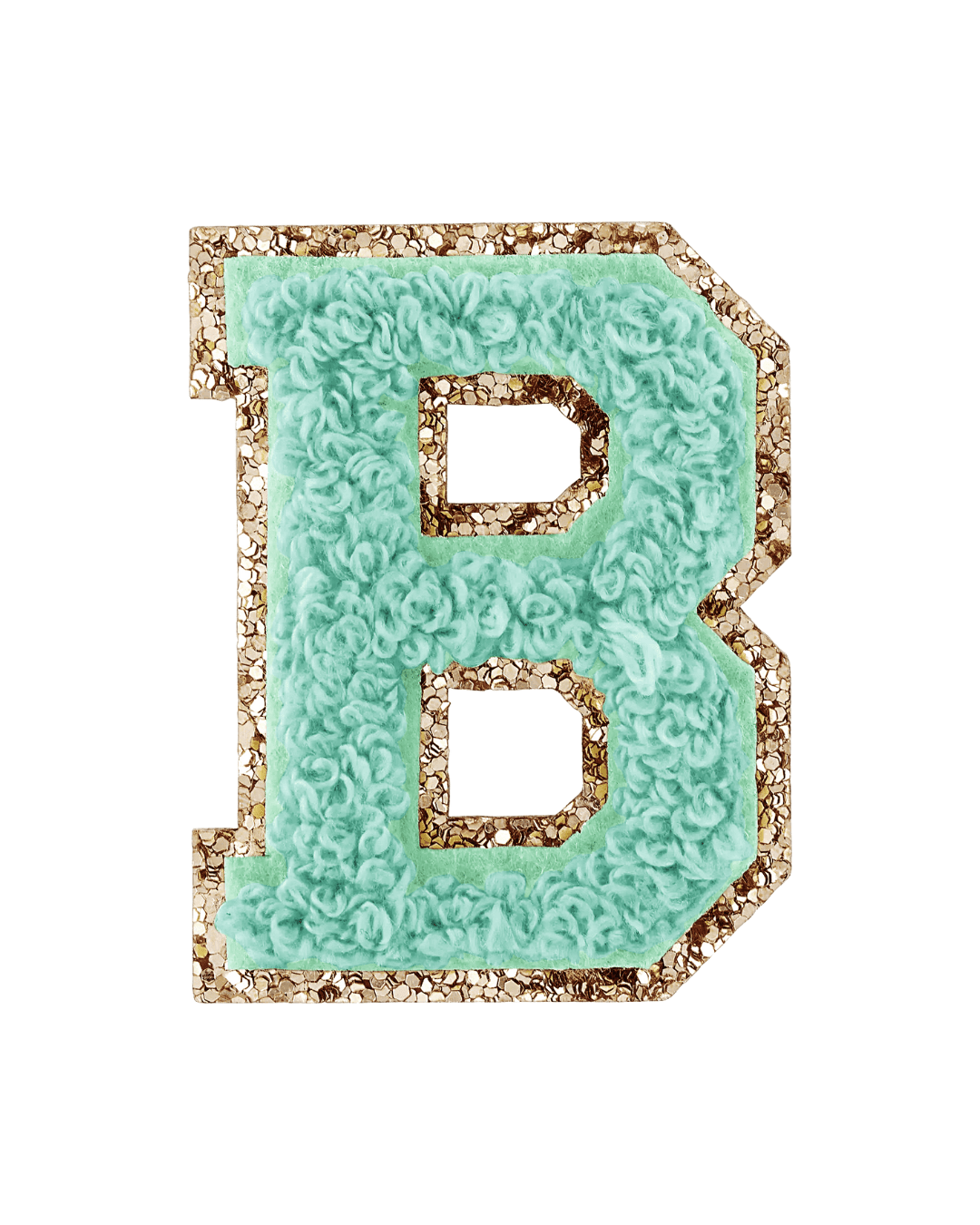 pistachio green varsity letter patch with textured fabric and gold glitter border on white background