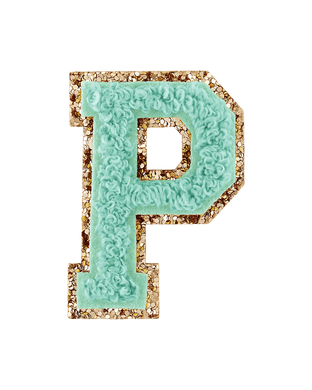 Pistachio green varsity letter patch with textured fabric and gold glitter border on white background