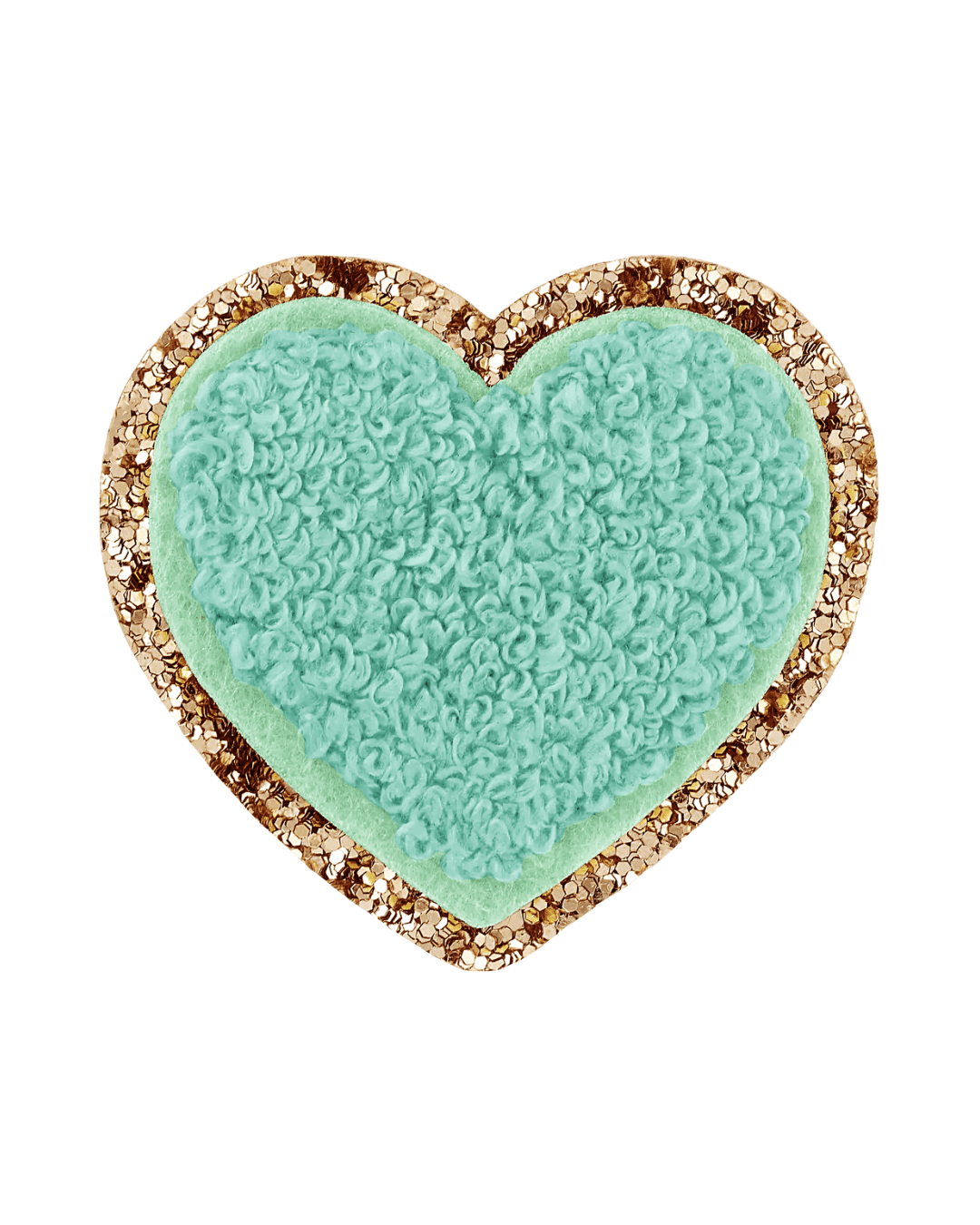 green chenille heart patch with gold glitter border on white background