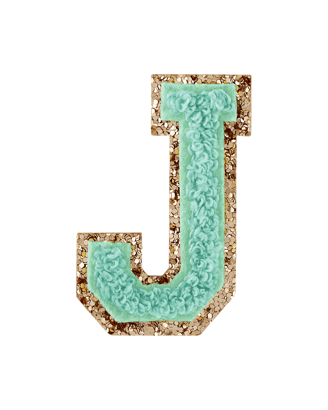 pistachio green chenille letter J patch with gold glitter border on white background
