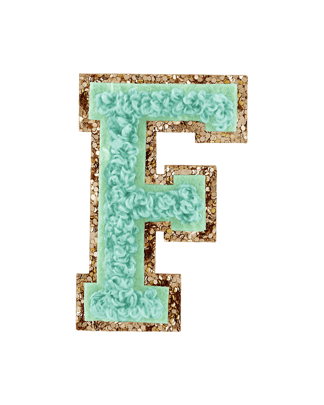 Pistachio green chenille varsity letter F patch with gold glitter border on white background