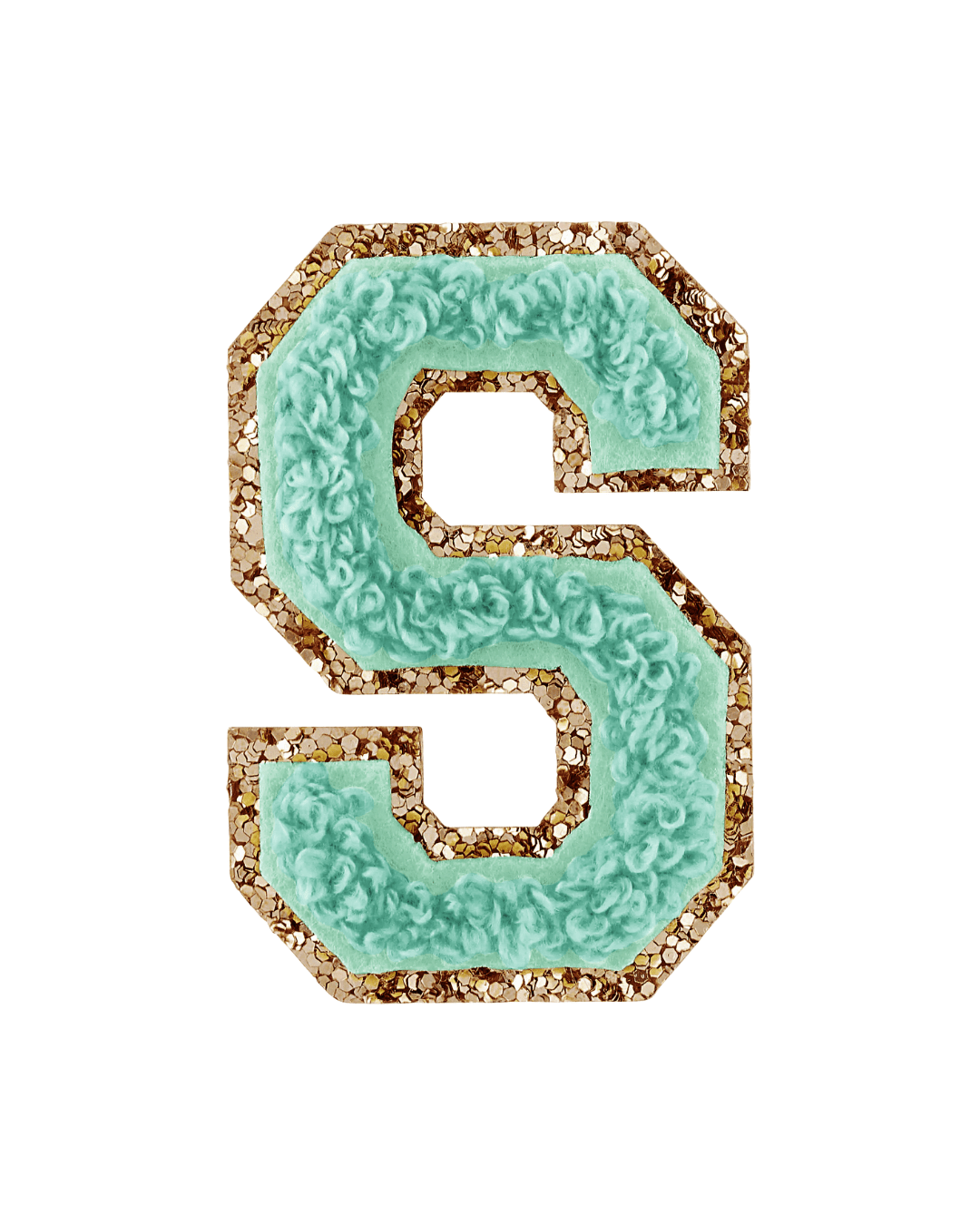 Green varsity letter patch with textured fabric and gold glitter border on white background