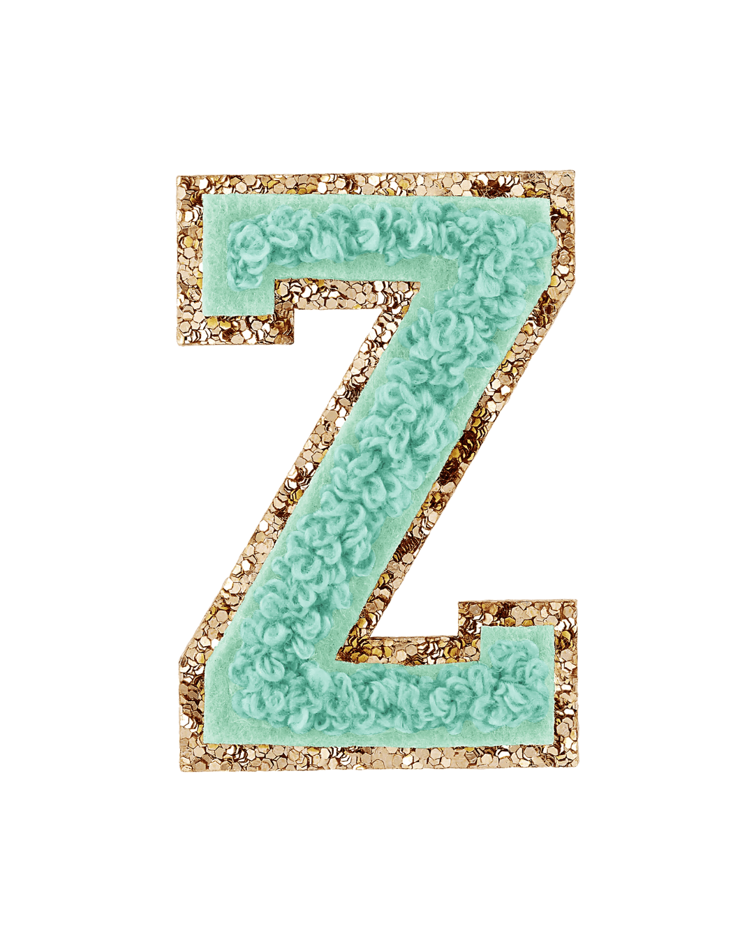 pistachio green chenille letter patch with gold glitter border on white background