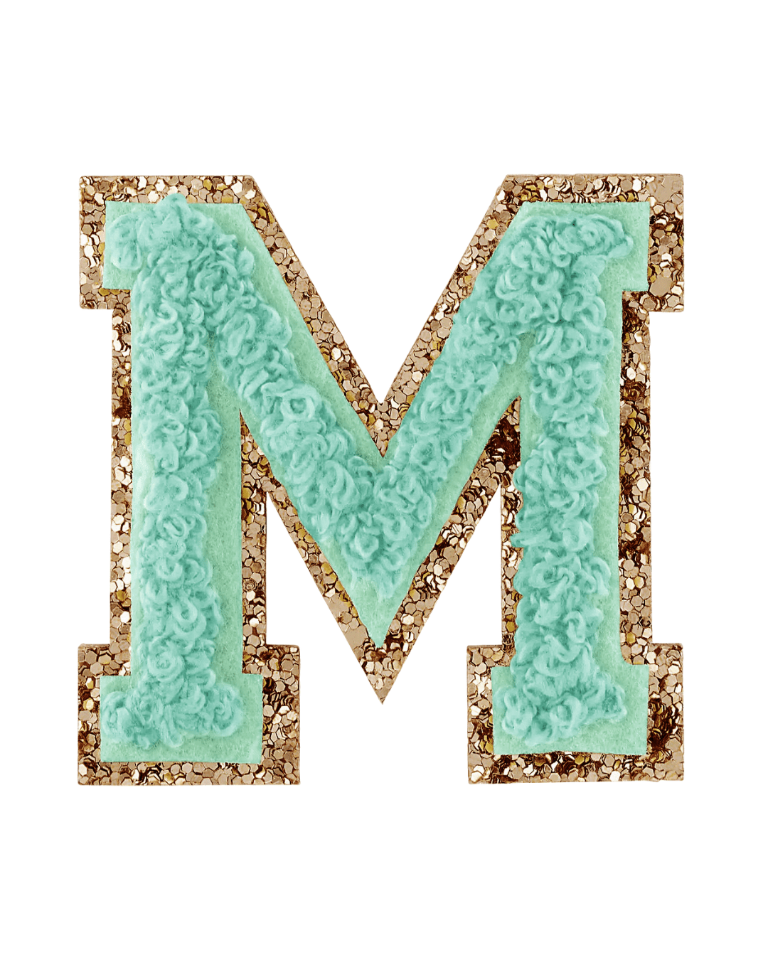 Pistachio green varsity letter patch with a gold glitter border on a white background.