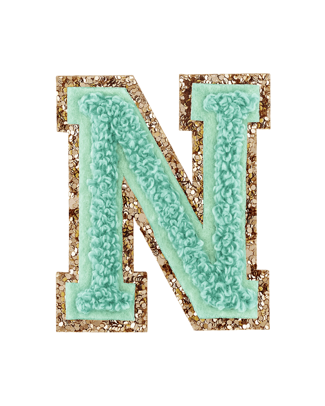 pistachio green textured letter N patch with gold glitter border on white background