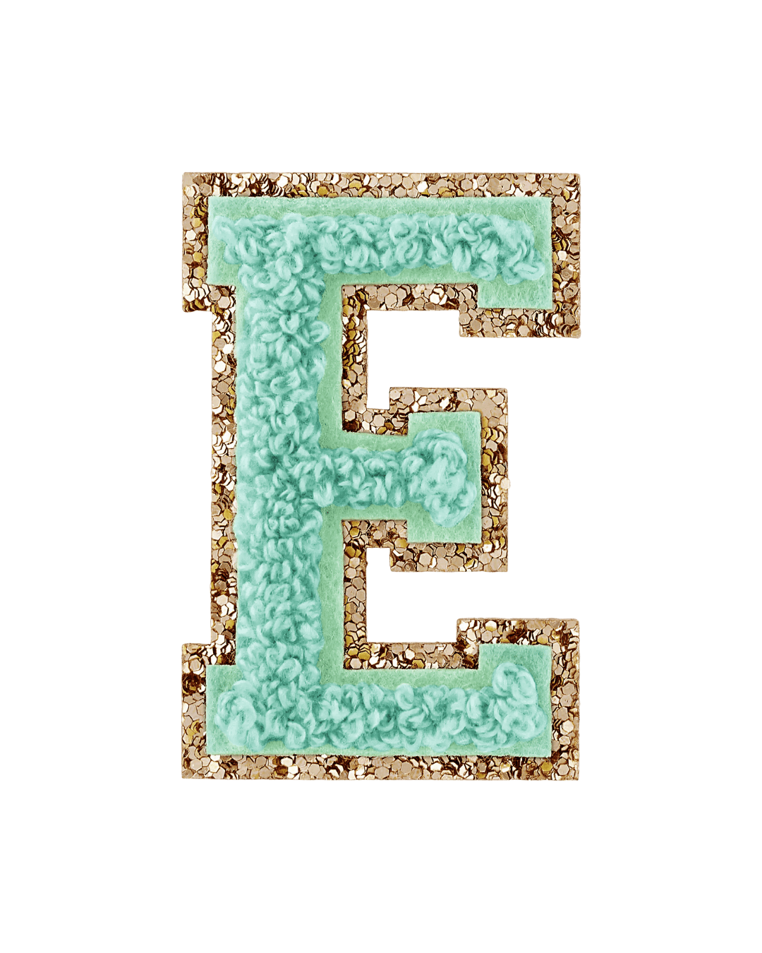 pistachio green textured varsity letter E patch with gold glitter border