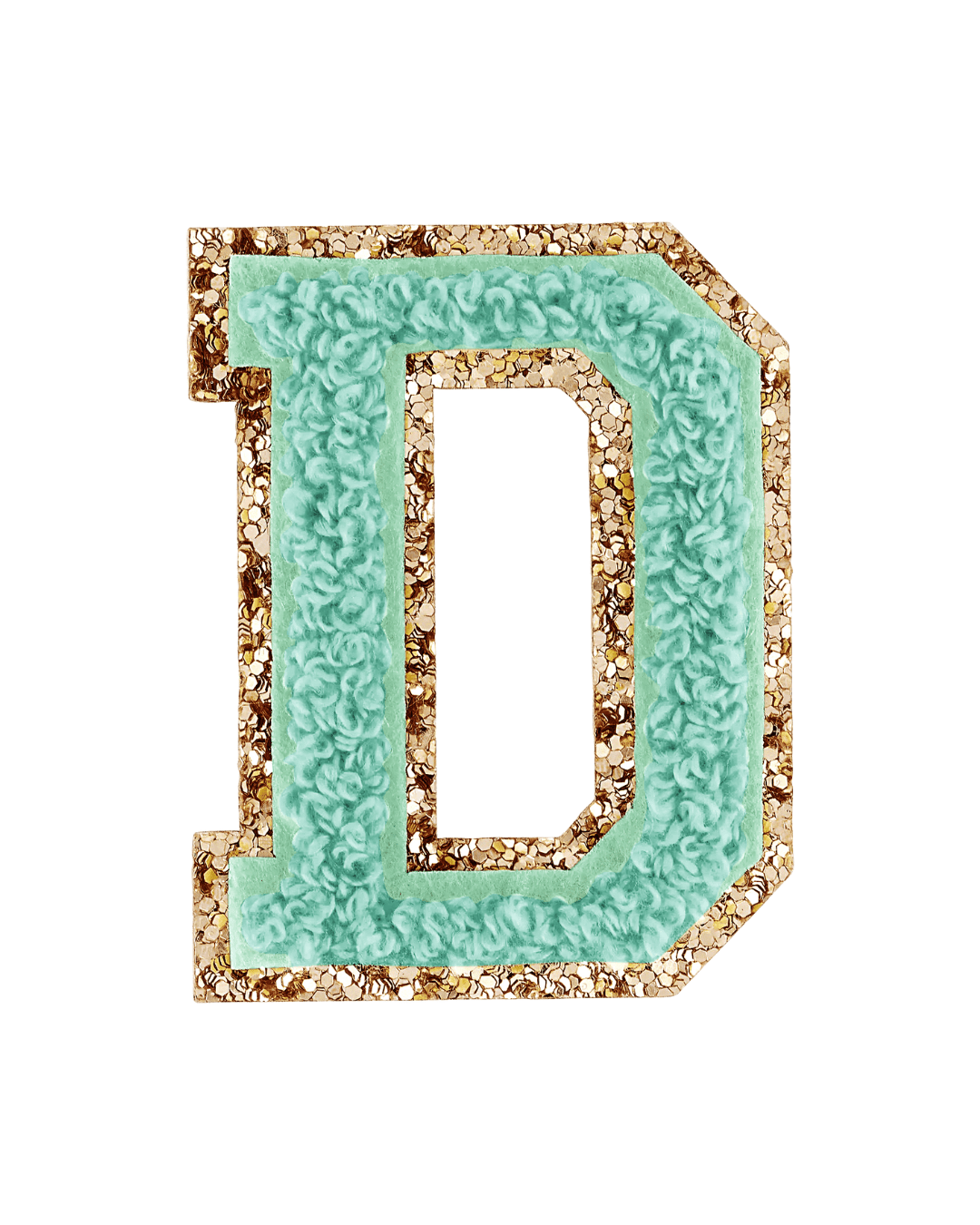 pistachio green varsity letter patch with gold glitter border on white background