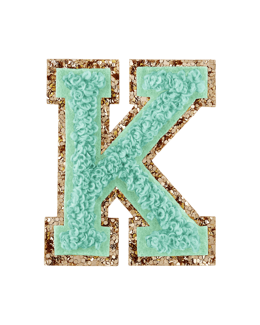 Pistachio green varsity letter patch with textured fabric and gold glitter border on white background