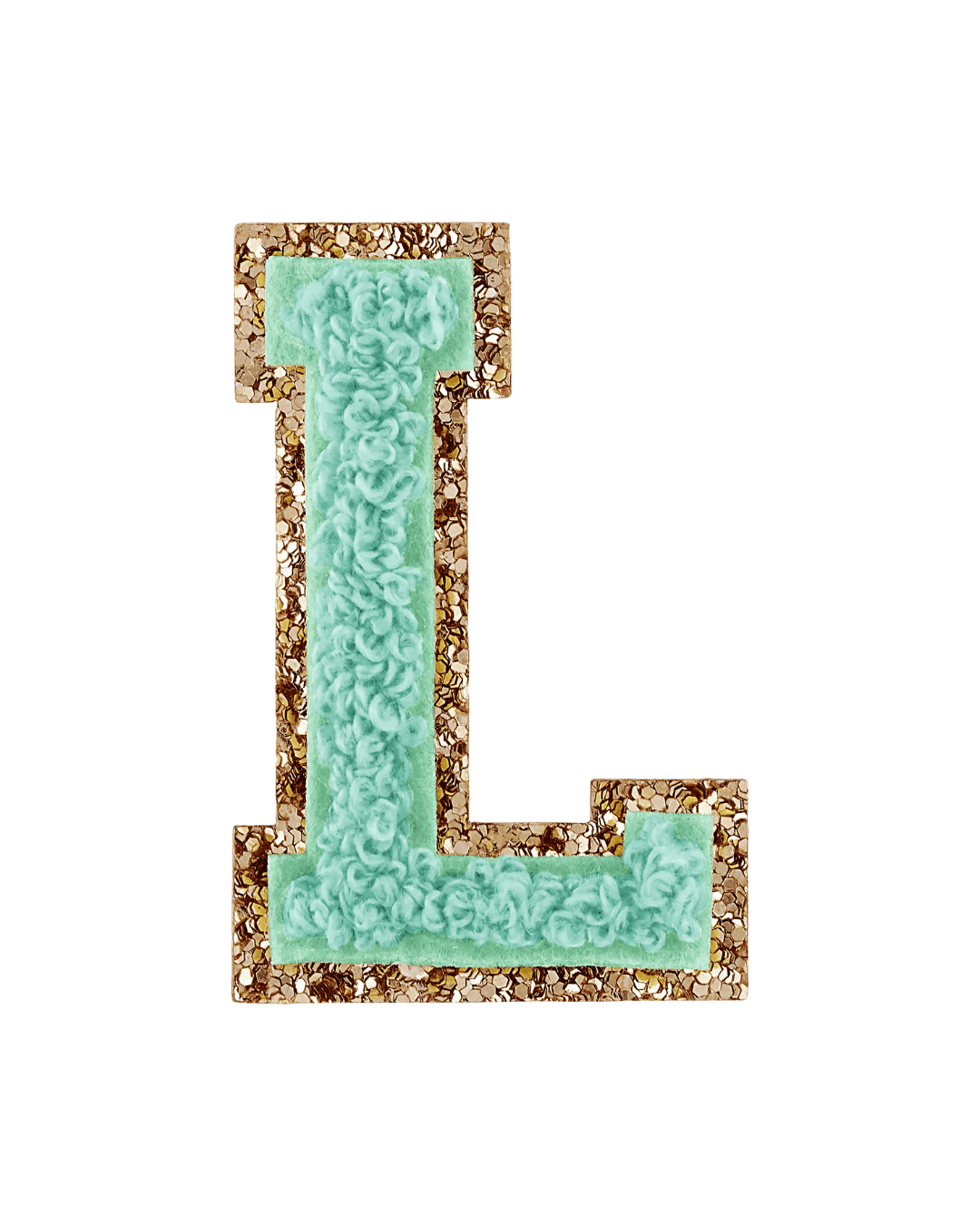 Pistachio green varsity letter patch with textured fabric and gold glitter border on white background.