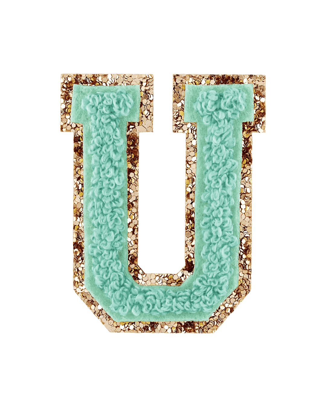 Pistachio green chenille varsity letter patch with gold glitter border on white background
