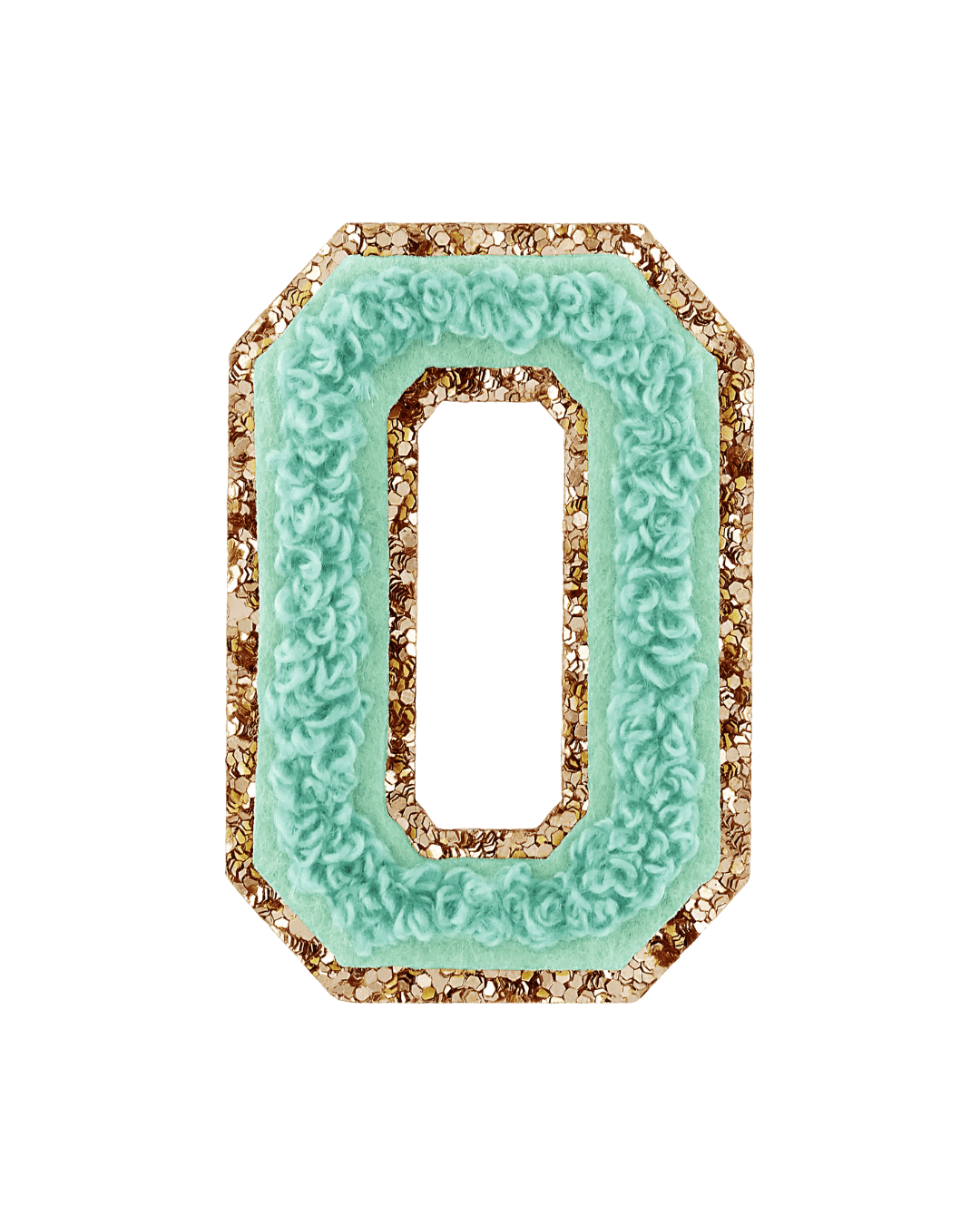 pistachio green varsity letter patch with gold glitter border on white background