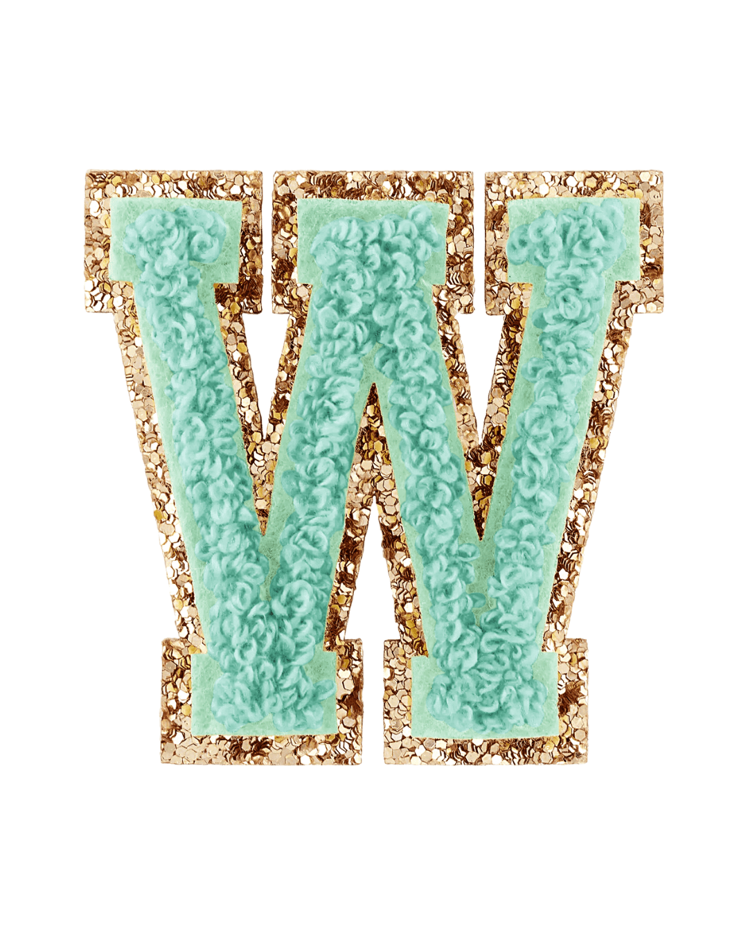 Pistachio green varsity letter W patch with gold glitter border on white background