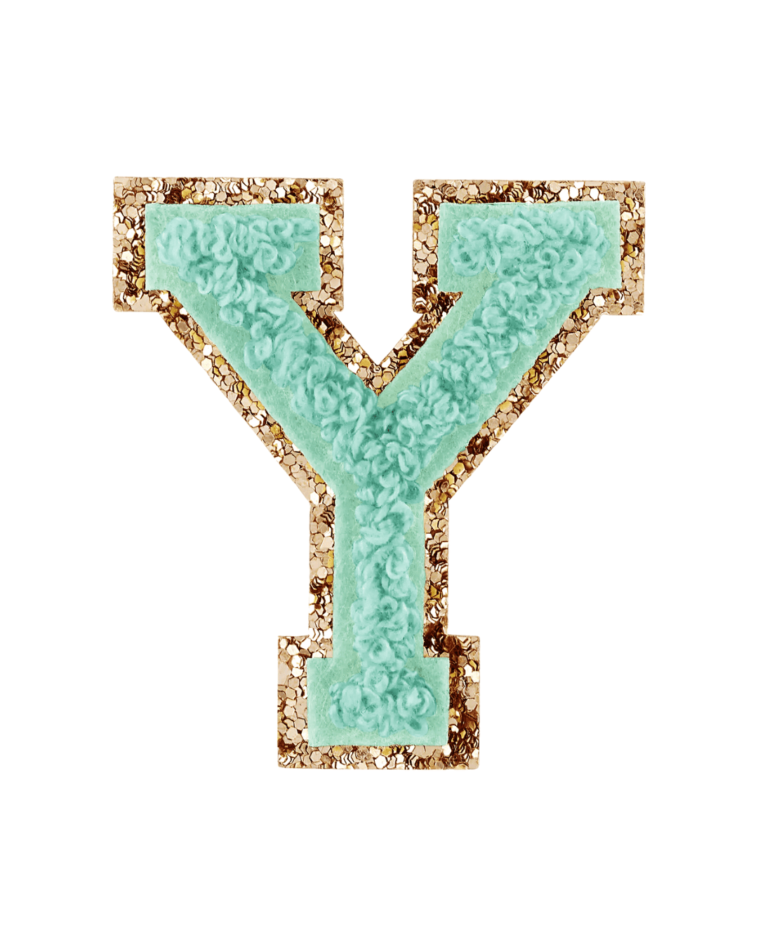 Pistachio green varsity letter Y patch with textured fabric and gold glitter border on white background