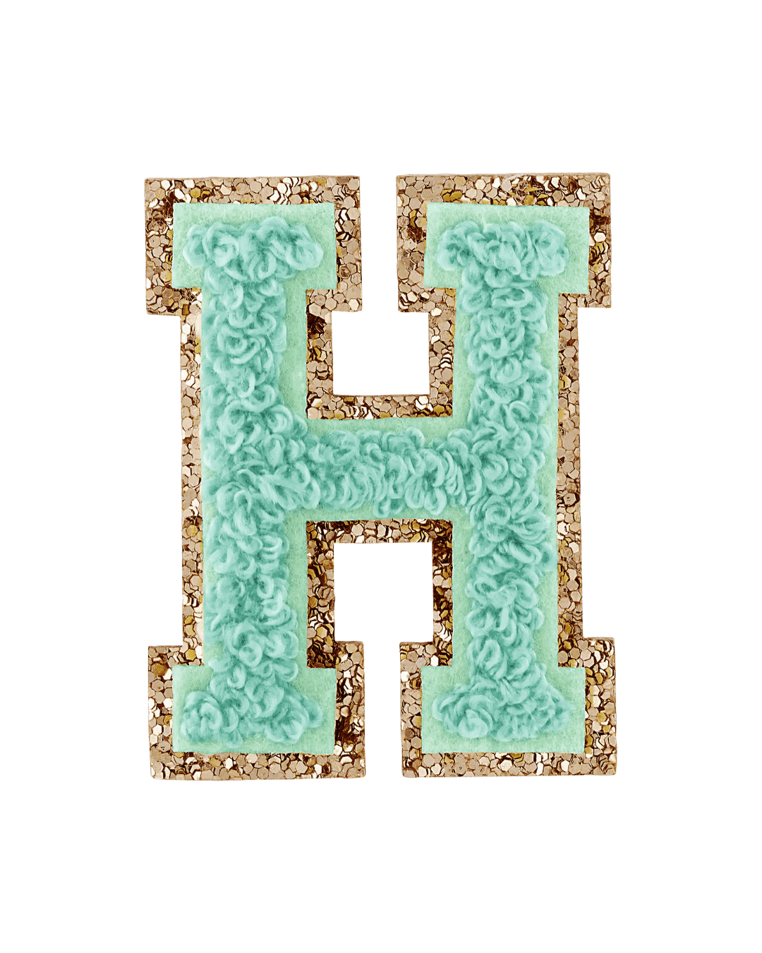 Pistachio green textured varsity letter H patch with gold glitter border on white background
