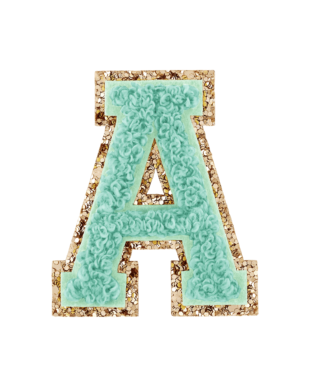 Pistachio green chenille letter A patch with gold glitter border on white background