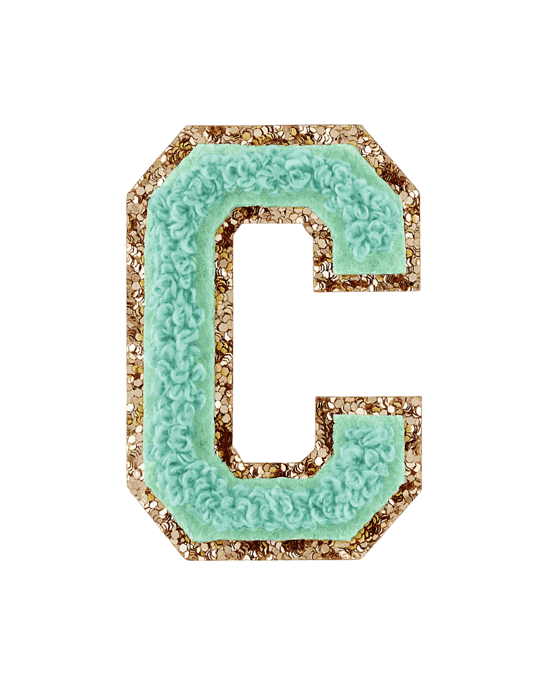 Pistachio green textured varsity letter C patch with gold glitter border on white background