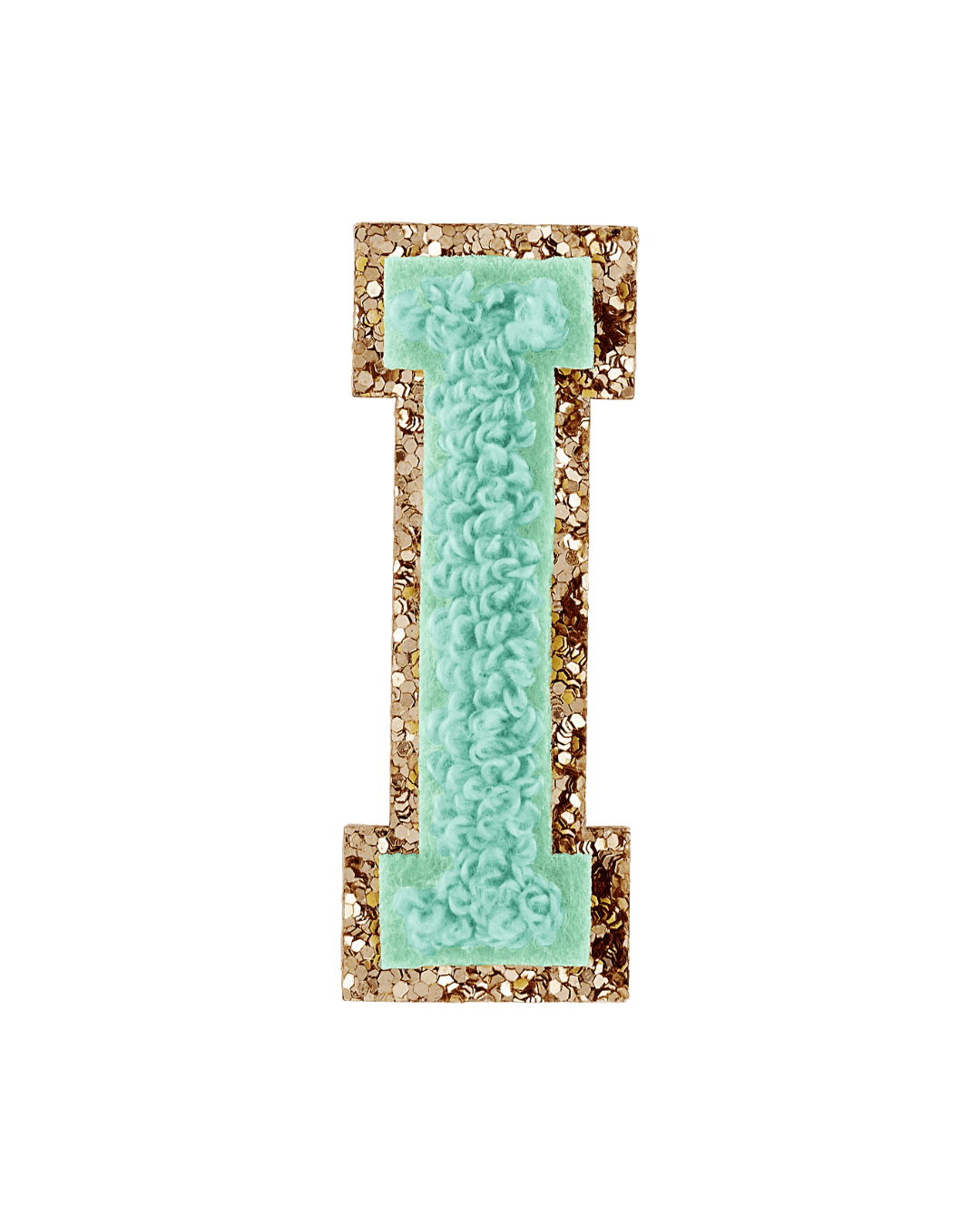 Pistachio green chenille letter I patch with gold glitter border on white background
