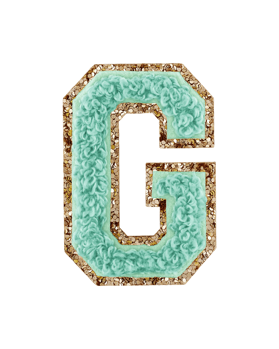 pistachio green varsity letter patch with gold glitter border on white background