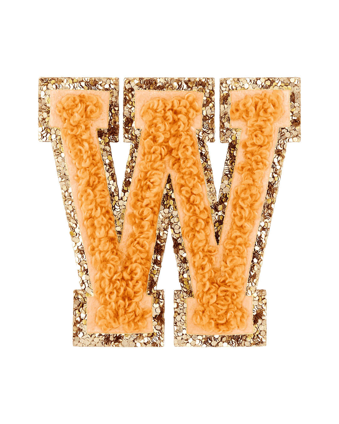 Orange varsity letter W patch with glittery gold sequin border on white background