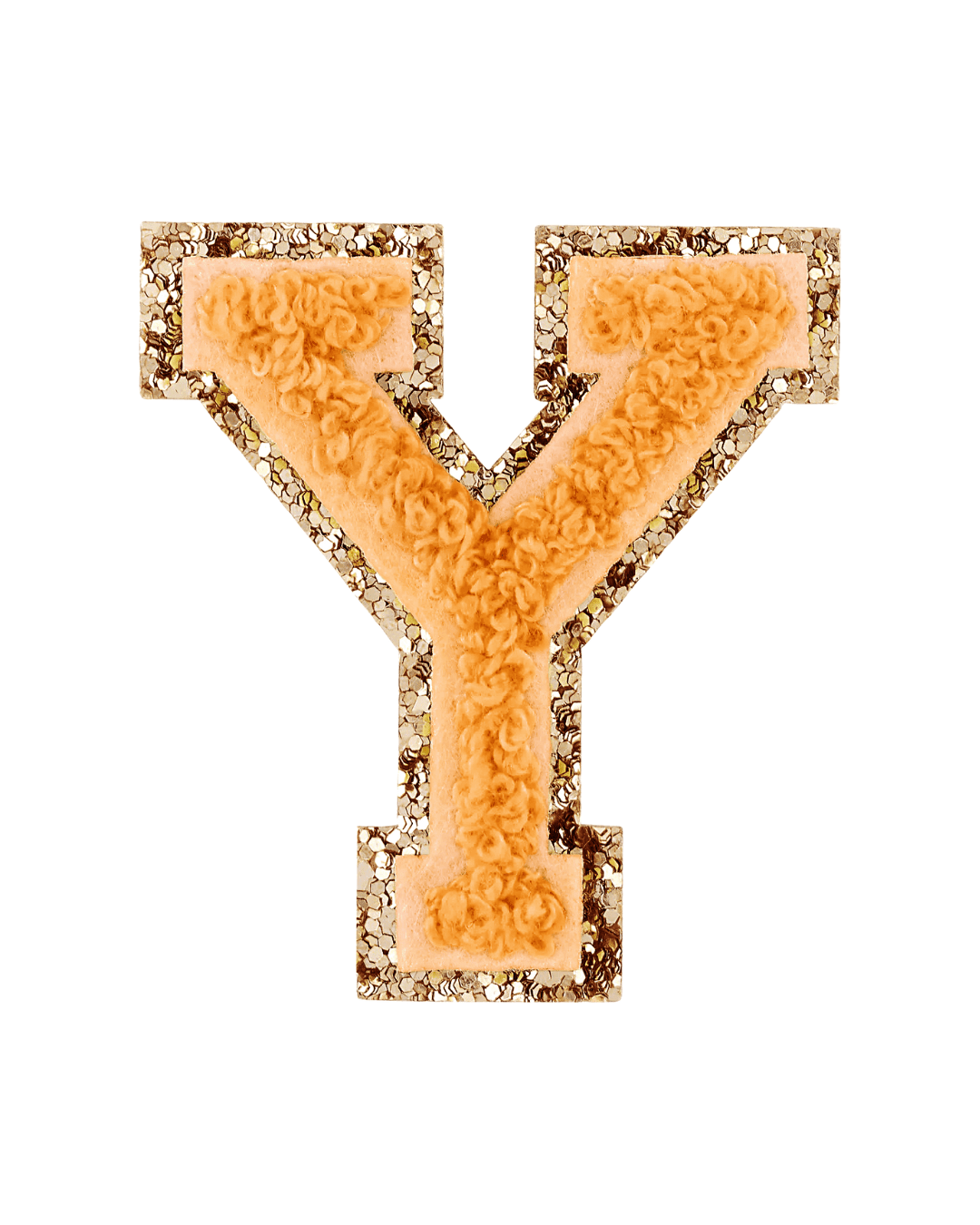 Orange varsity letter Y patch with textured fabric and gold glitter border on white background.