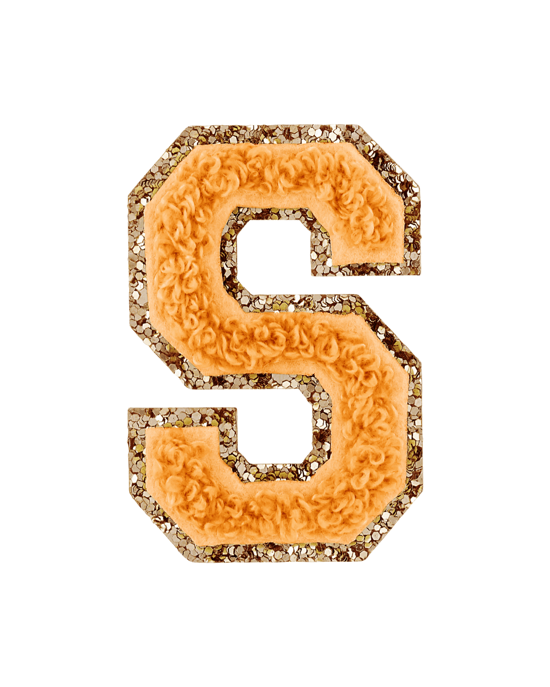 Orange varsity letter patch S with glitter border and textured fabric on white background