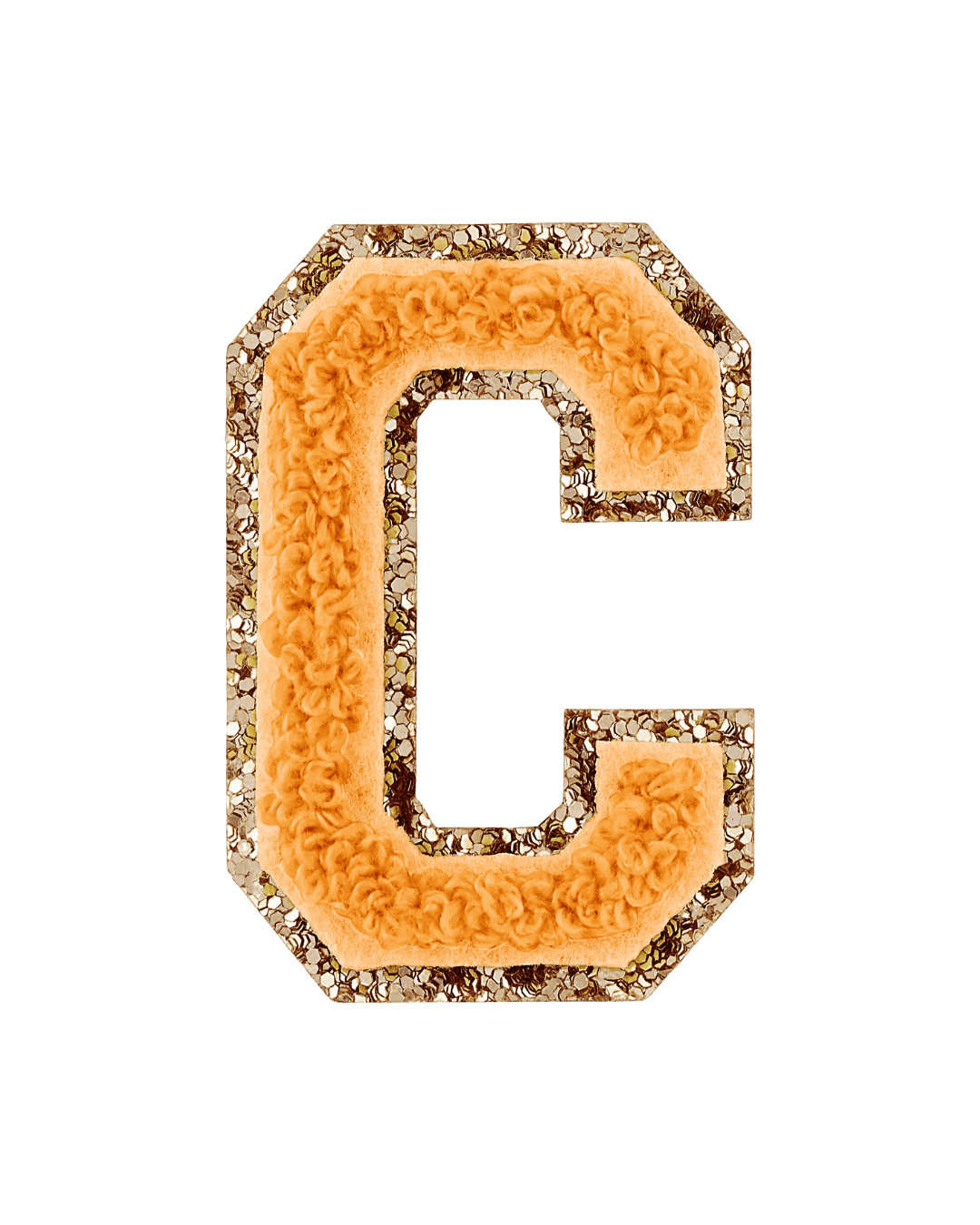 Orange chenille letter C patch with gold glitter border on a white background