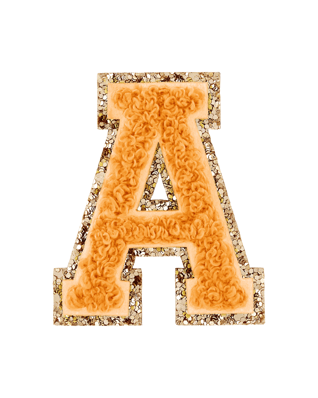 Orange chenille varsity letter patch with gold glitter border on white background