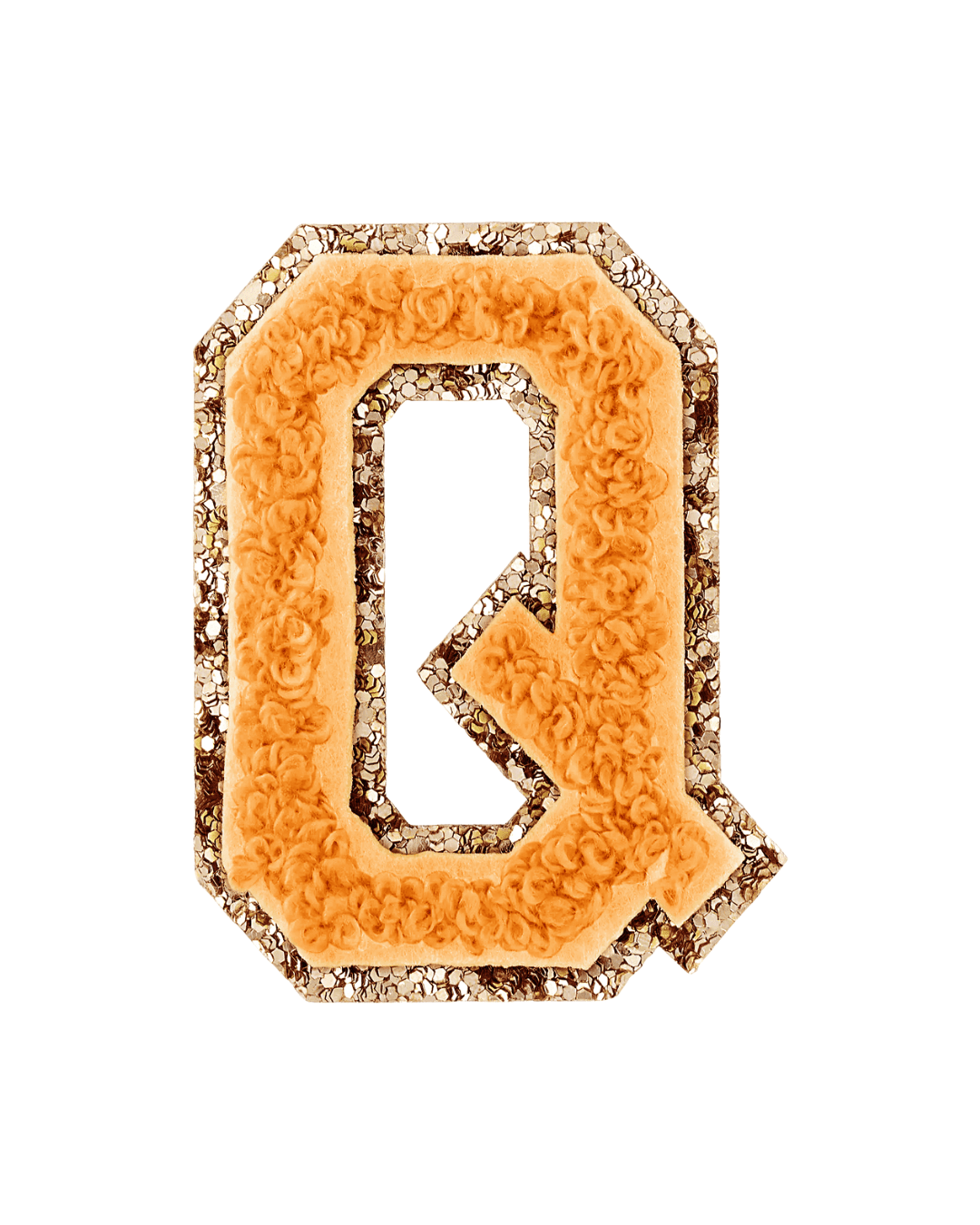 orange varsity letter patch with textured fabric and gold glitter border on white background