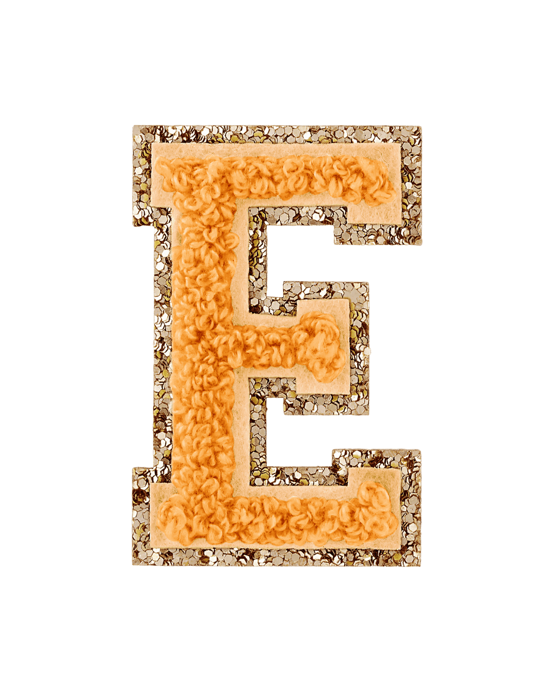 Orange varsity letter E patch with textured yarn and gold glitter border on white background