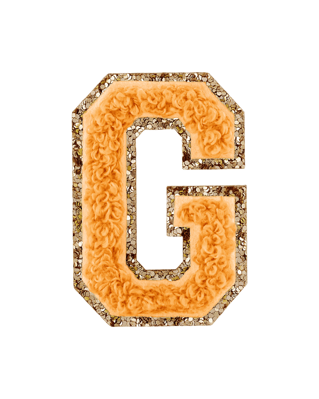 Orange varsity letter patch with textured fabric and glitter border on a white background.